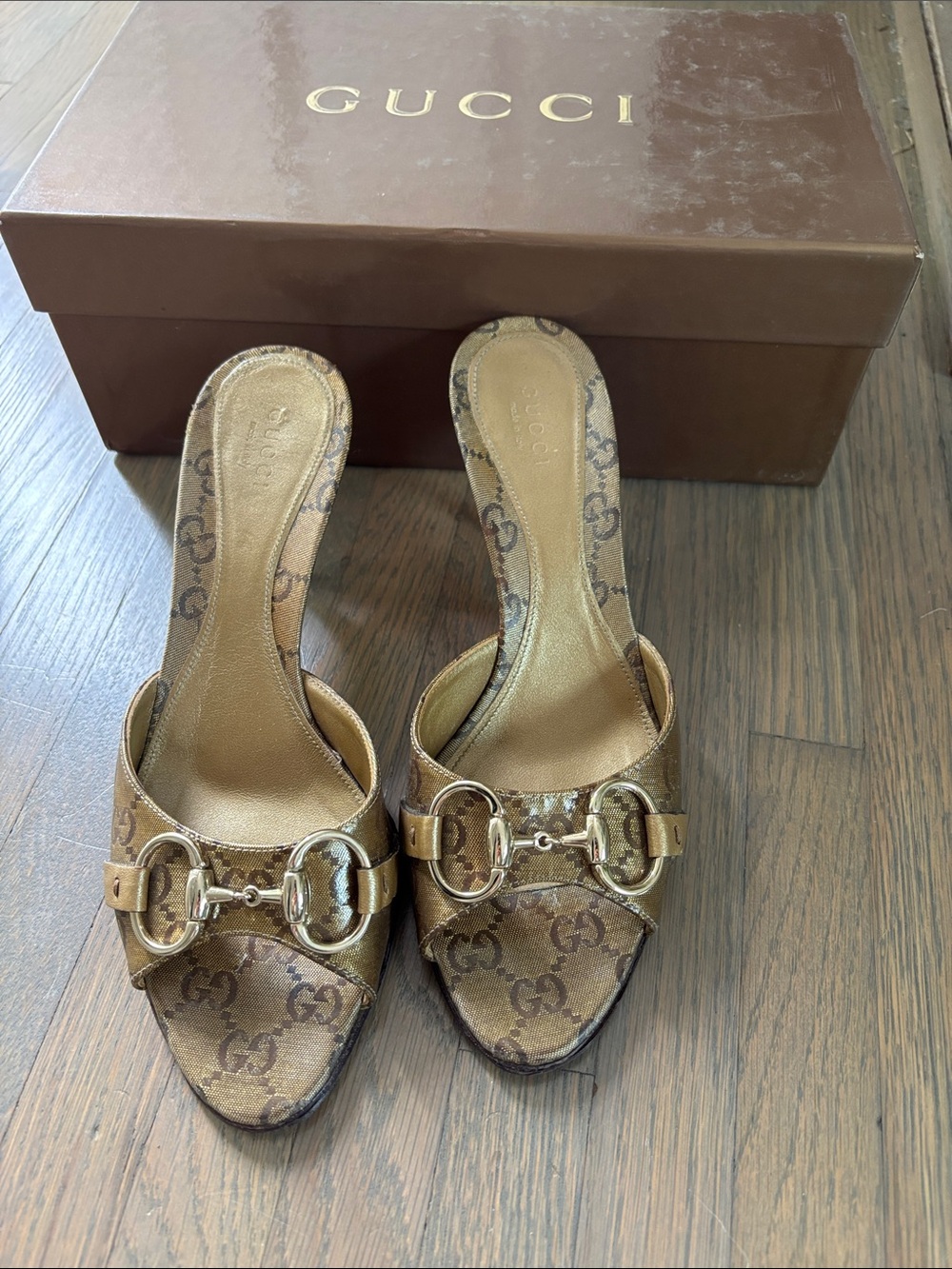 Gucci Brown GG Canvas Mule Sandals with Gold Horsebit
